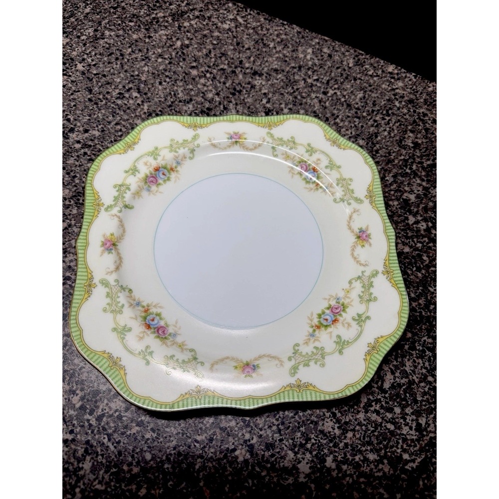 1930s Noritake Marlene Square Salad Plates Scalloped Set of 2 Floral Gold Japan
